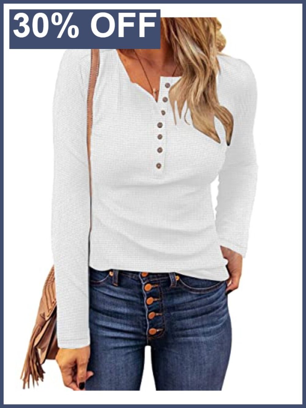 Waffle Knit Henley Tunic Top Long Sleeve Button Front Slim Fit Casual